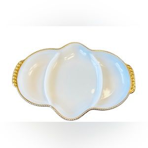 Vintage Anchor Hocking Fire King Milk Glass 22K gold trim 3 Section Serving Dish